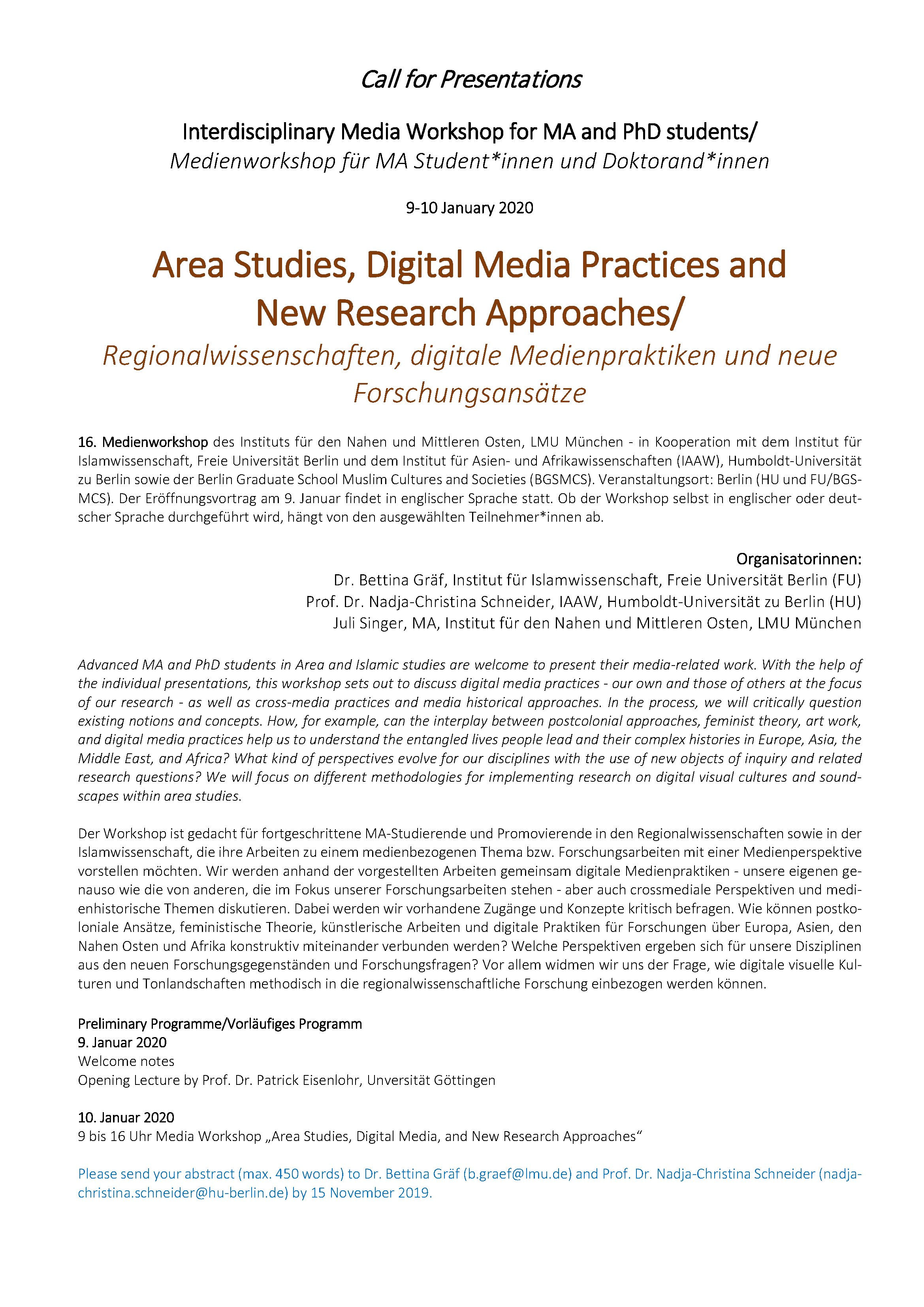 Media workshop for MA and PhD students Call for Presentations