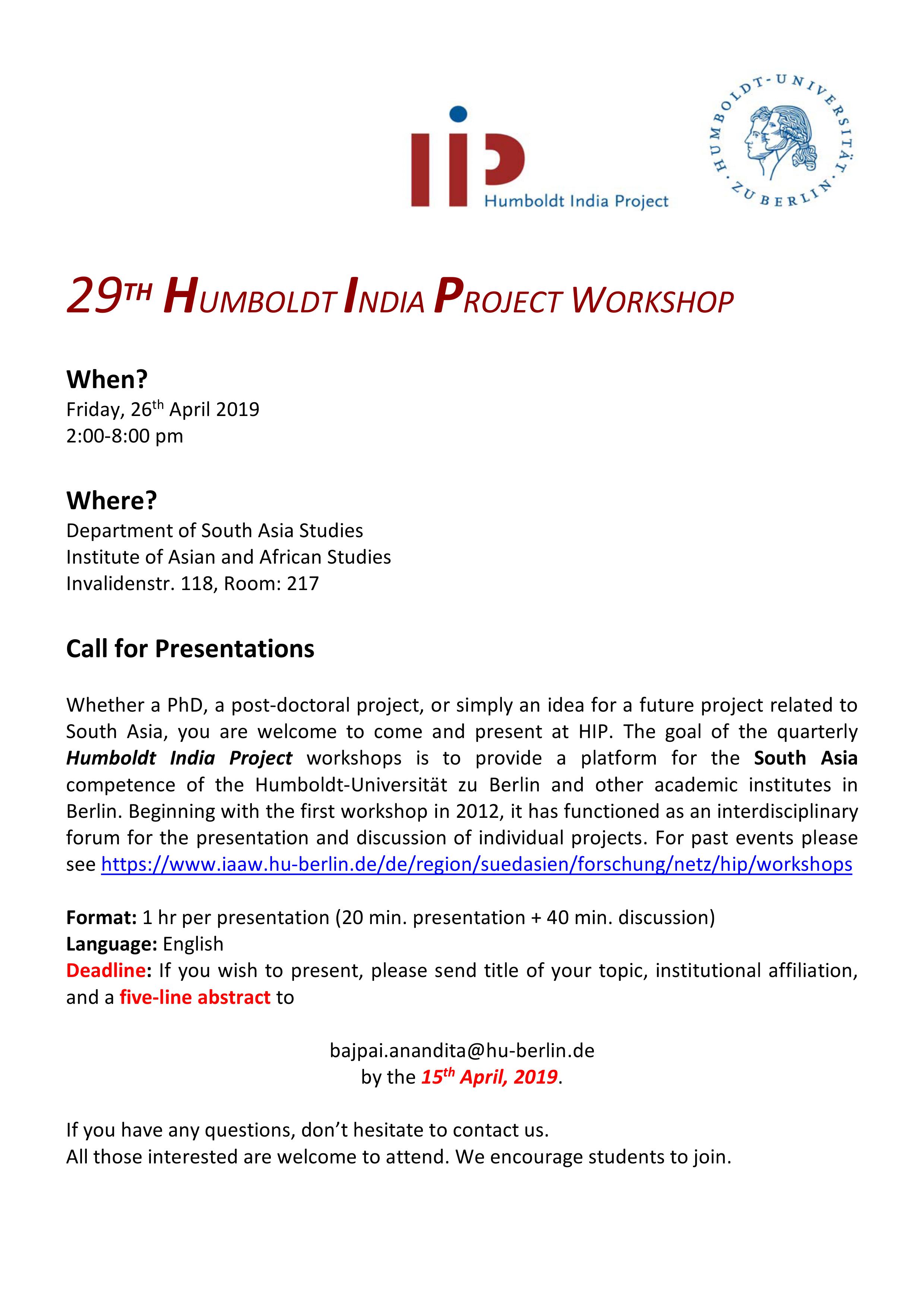 29 HIP Call for Presentations 26 April 2019