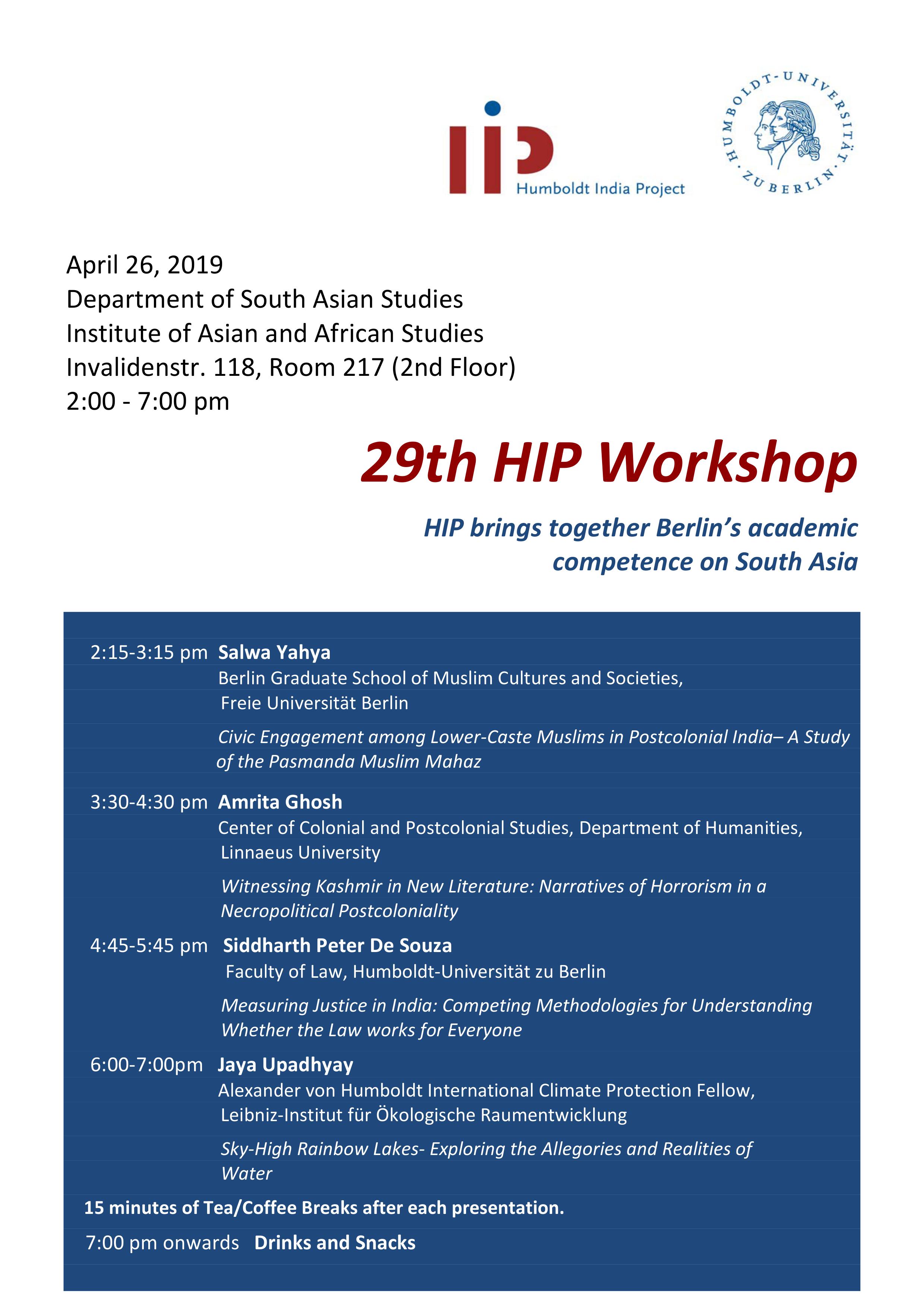 29th HIP Workshop Progamme 26. April 2019