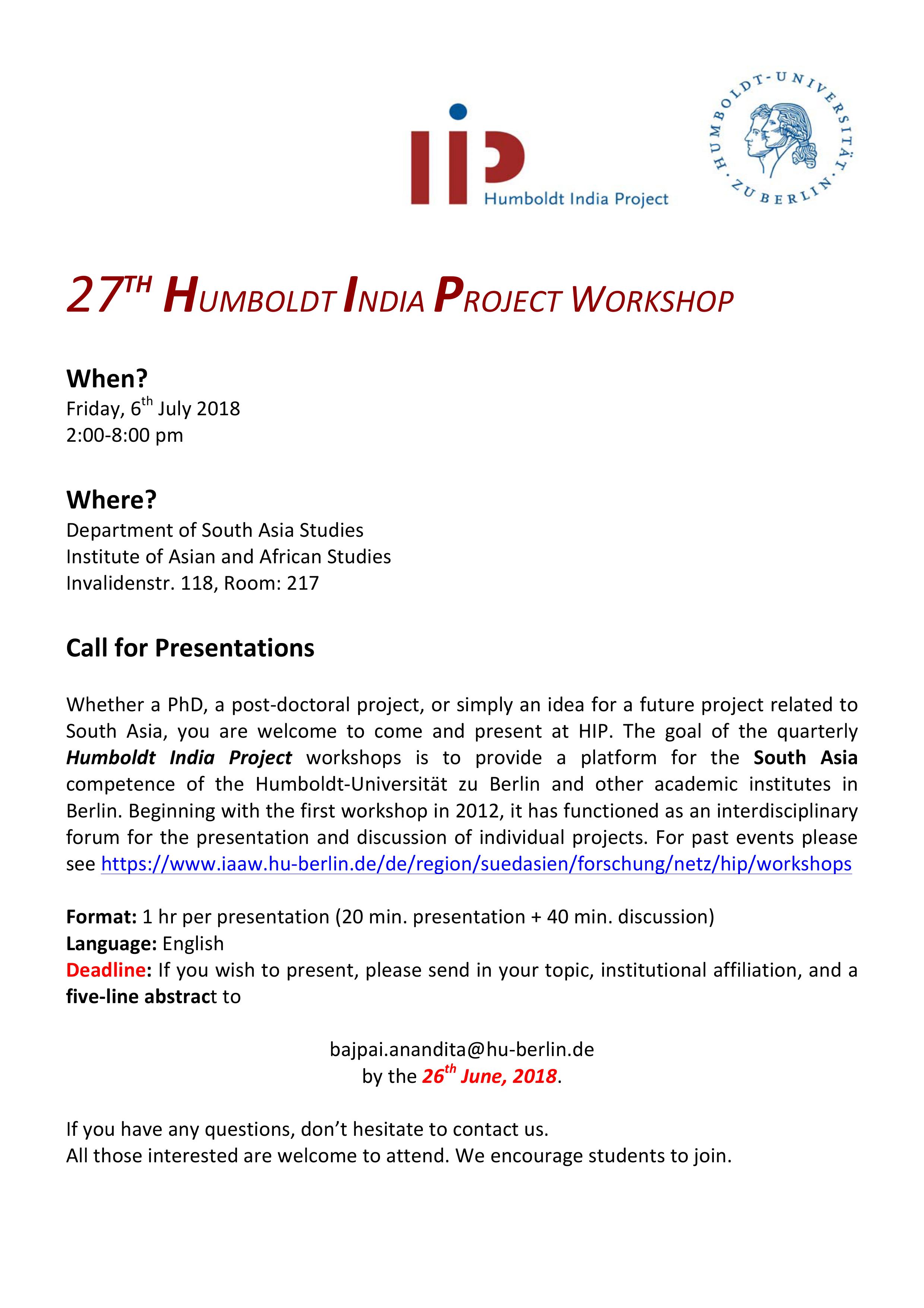 27 HIP Call for Presentations 6th July 2018