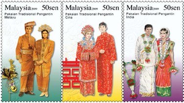 Malaysian stamps depicting the three official 'races'