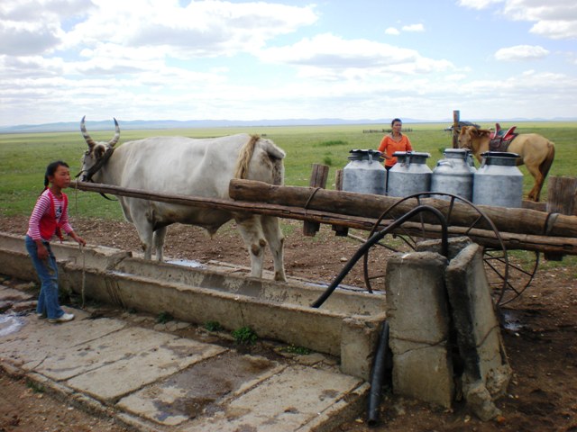 Zwei burjatische Nomadenmädchen holen ihr Trinkwasser beim Rinderwagen